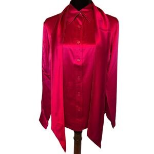 Vintage NWT Bloomingdale's Fuchsia Pink 100% Silk Button-Up Blouse and Scarf Set